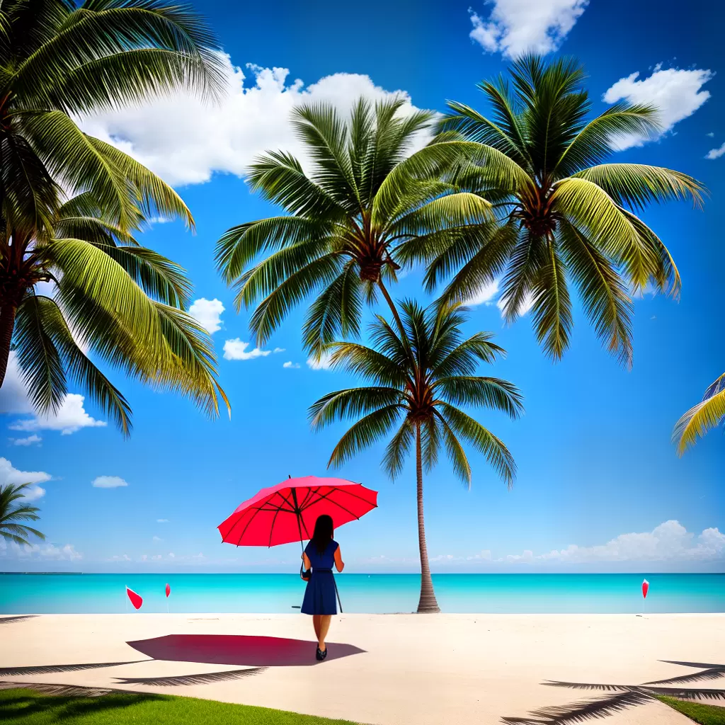 Mulher com guarda-chuva vermelho em praia com coqueiros e céu azul