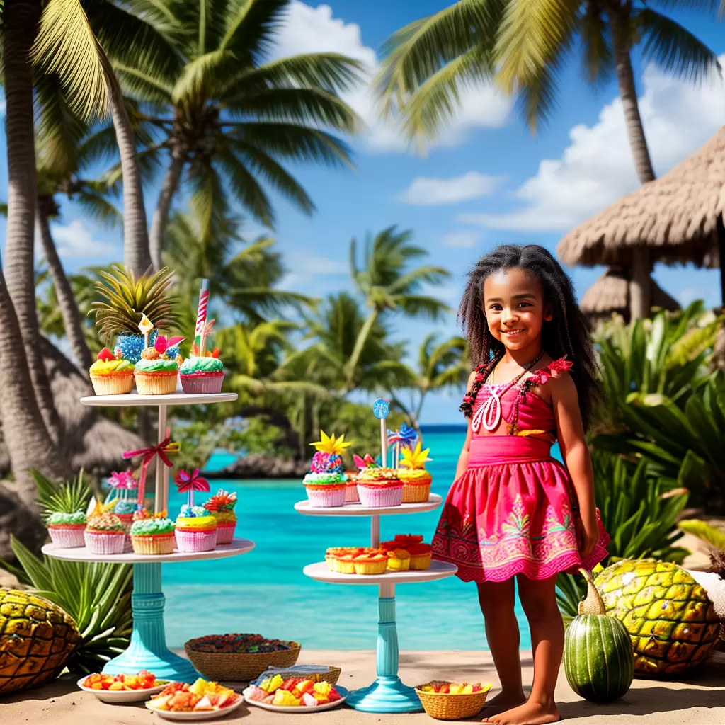 Fotos menina moana mesa tropical doces