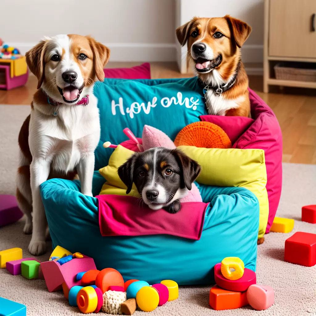 Fotos cachorro feliz cama brinquedos lar