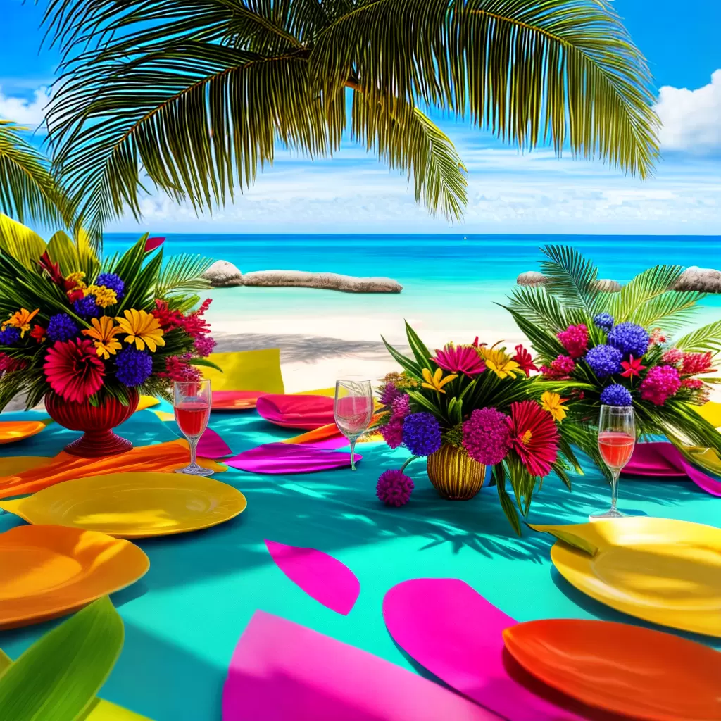 Fotos mesa tropical frutas flores oceano