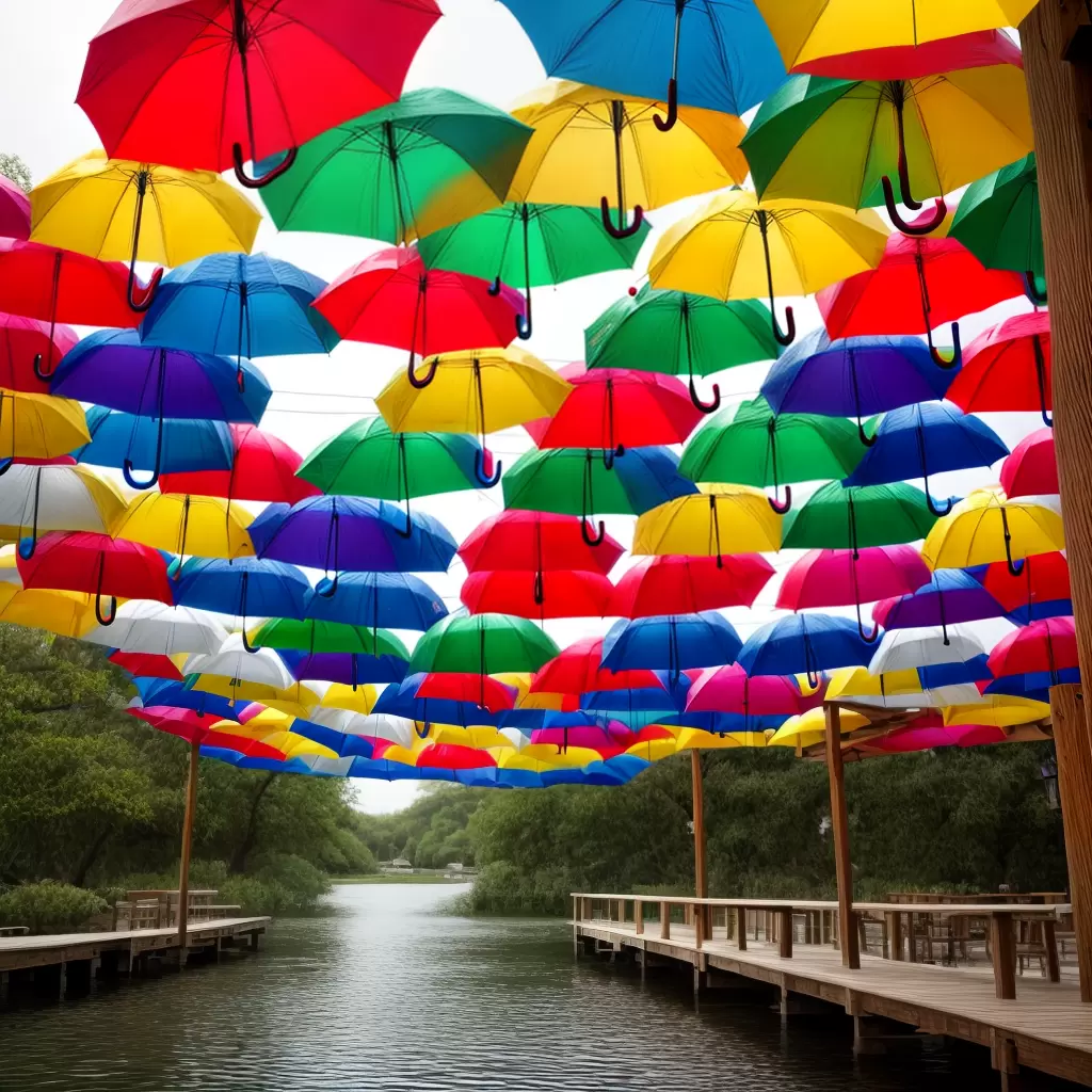 Guarda-chuvas coloridos suspensos sobre um deck de madeira à beira de um lago