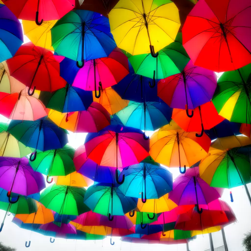 Teto de guarda-chuvas coloridos suspensos visto de baixo, com a luz do sol atravessando as cúpulas