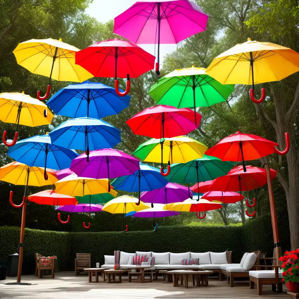 Lounge com sofás brancos e almofadas sob guarda-chuvas coloridos suspensos, com laços vermelhos