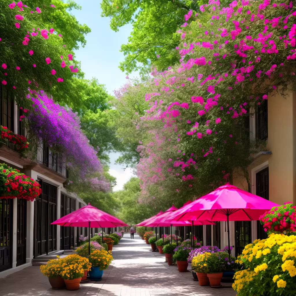 Rua decorada com guarda-chuvas rosa suspensos entre flores e prédios claros