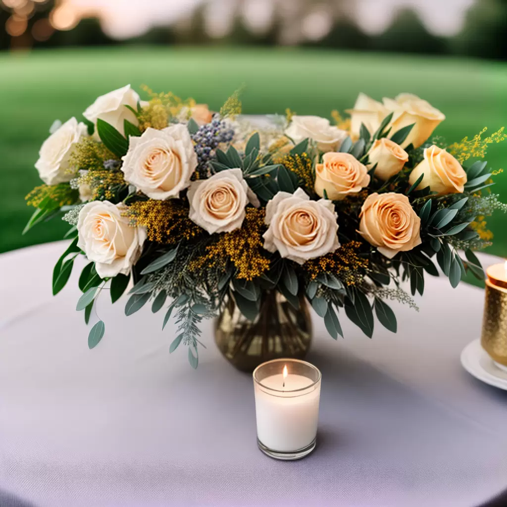 Fotos arranjo floral vaso dourado velas renda aniversario
