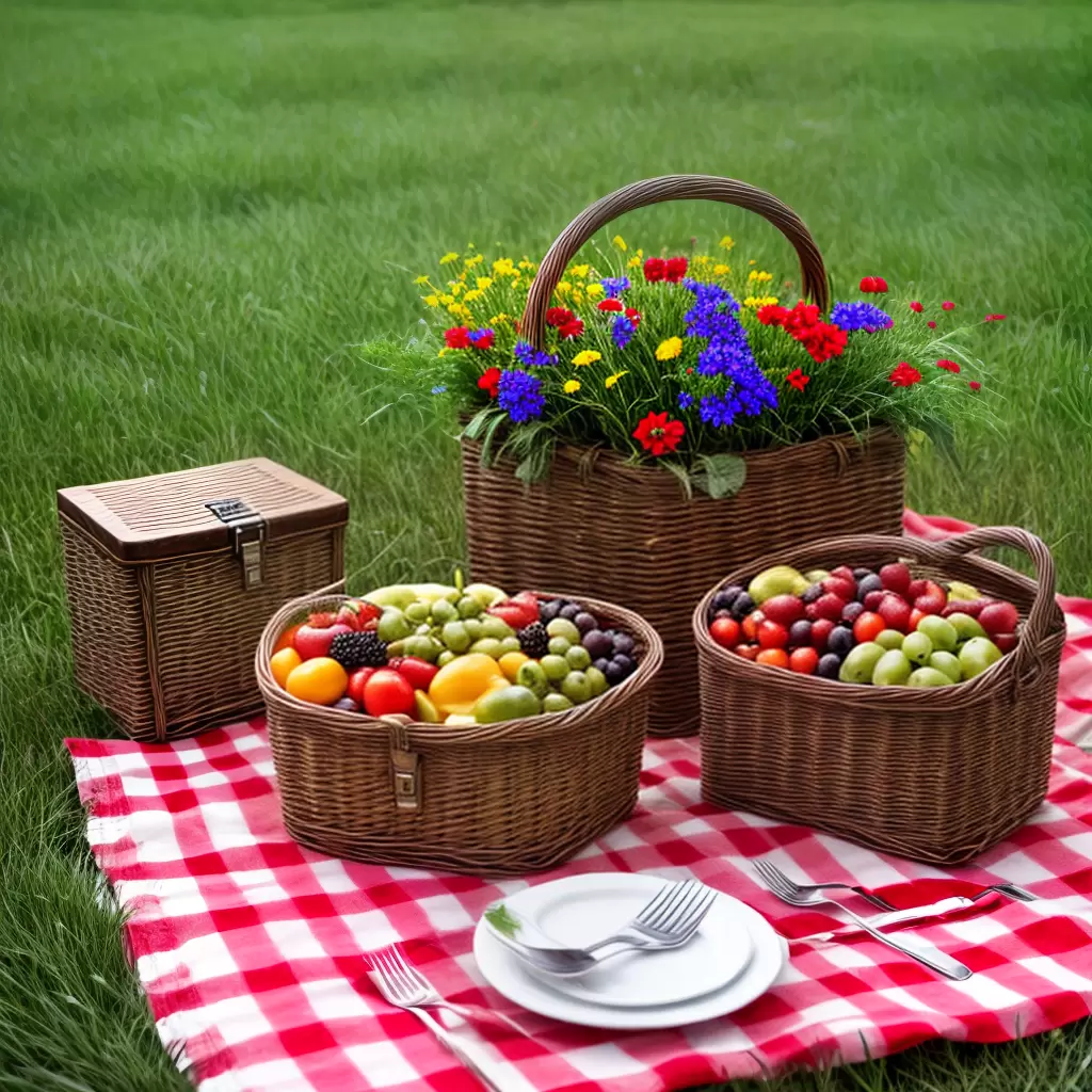 Fotos cesta picnic flores frutas mesa Fotos cesta picnic flores frutas mesa