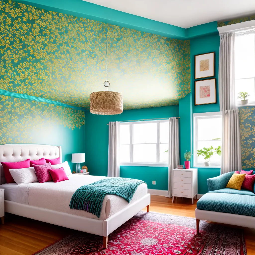 quarto colorido teal floral alegre