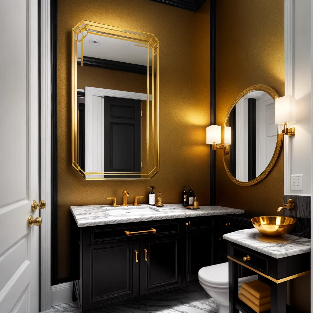 espelho art deco preto ouro lavabo
