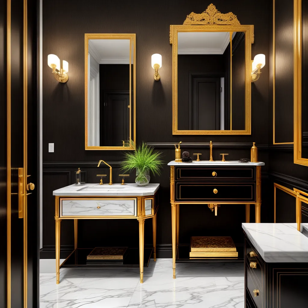 banheiro art deco preto dourado