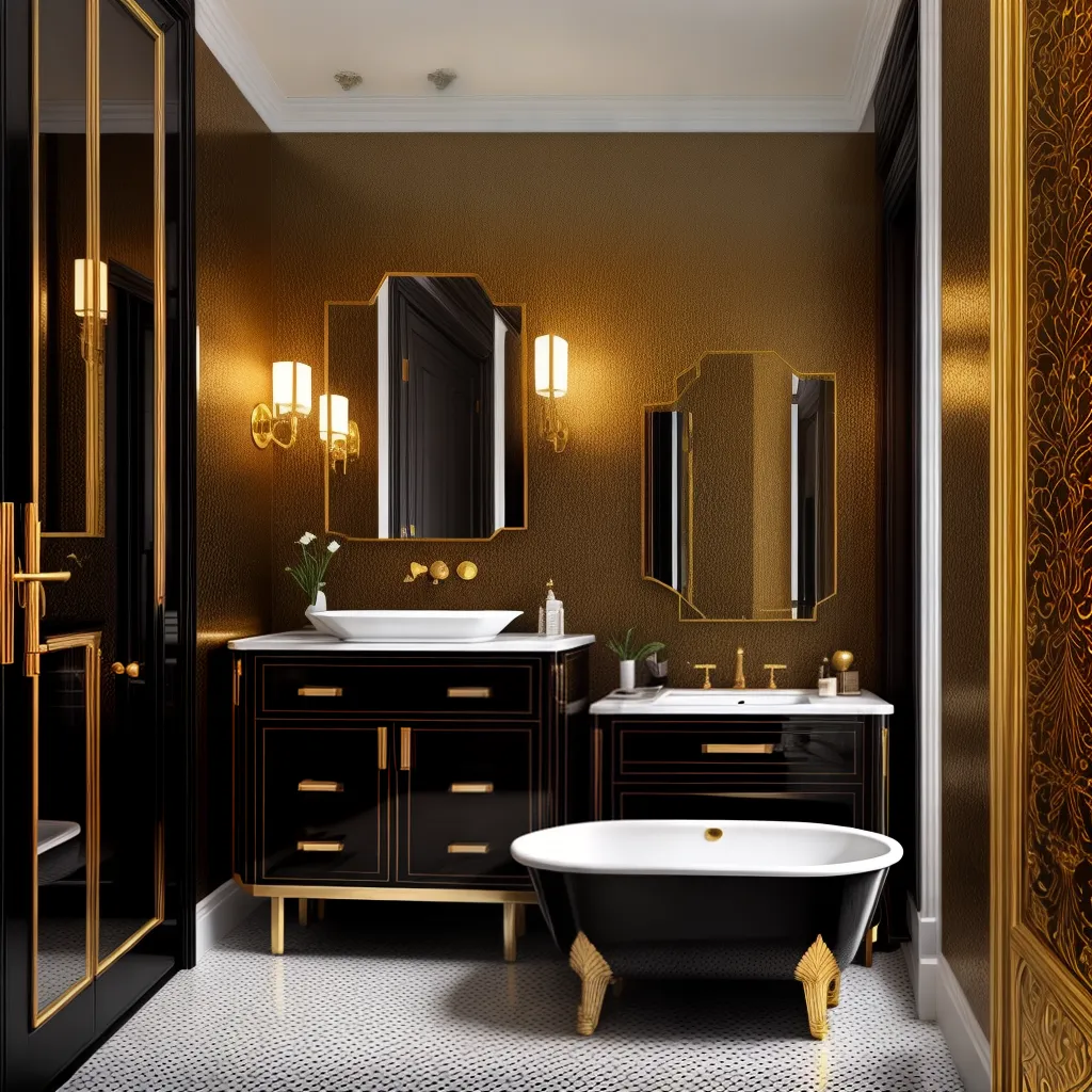 banheiro art deco preto ouro