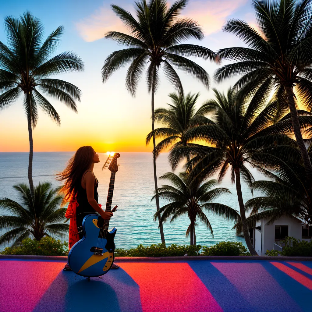 papel de parede guitarra palmeiras por do sol 1