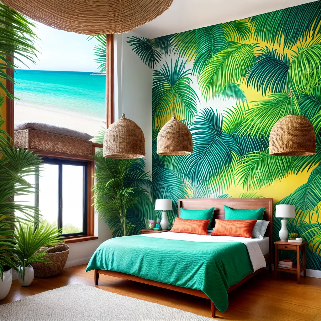 quarto tropical cama folhas palmeira