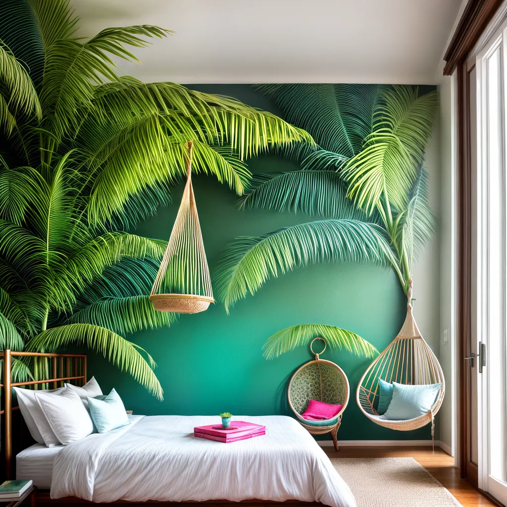quarto tropical folhas palmeira cadeira macrame