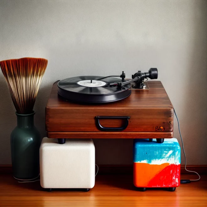 toca disco vintage mesa arte geometrica