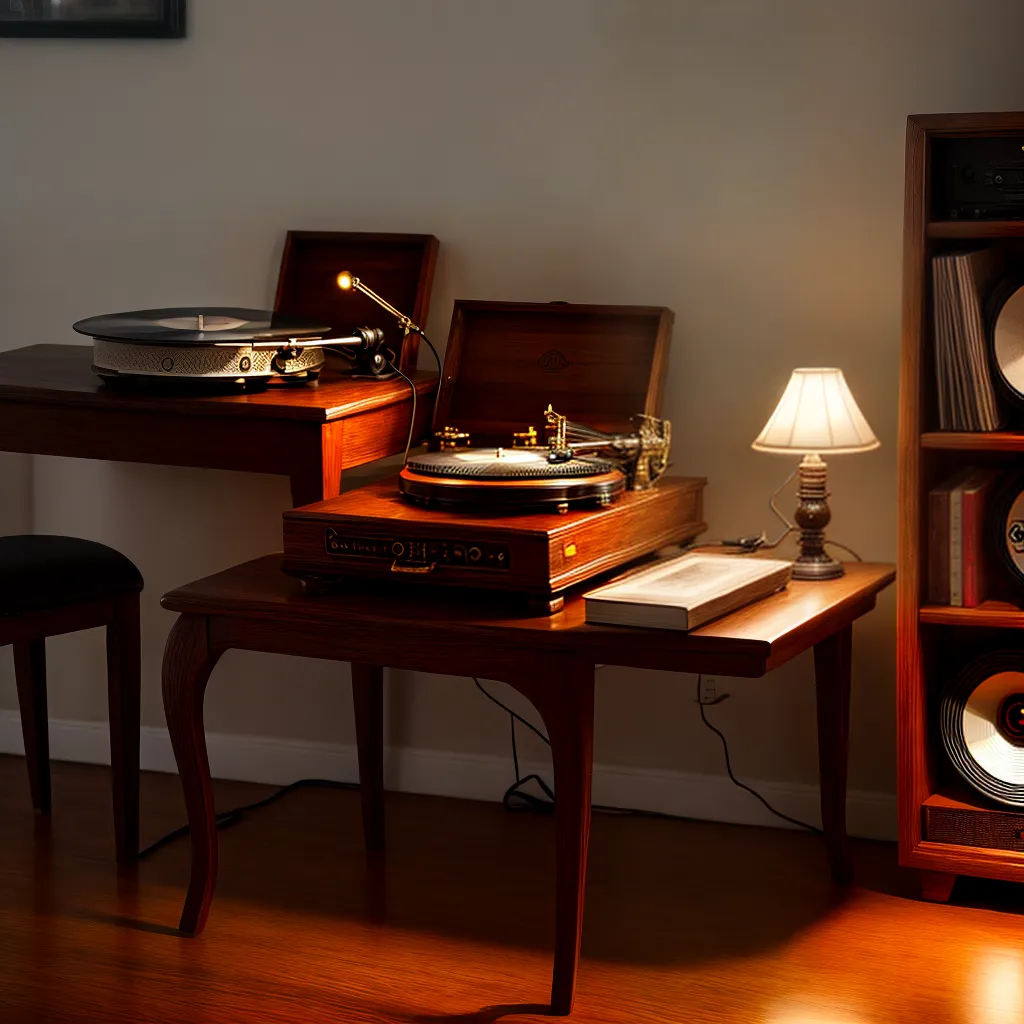 gramofone vinil madeira lampada nostalgia
