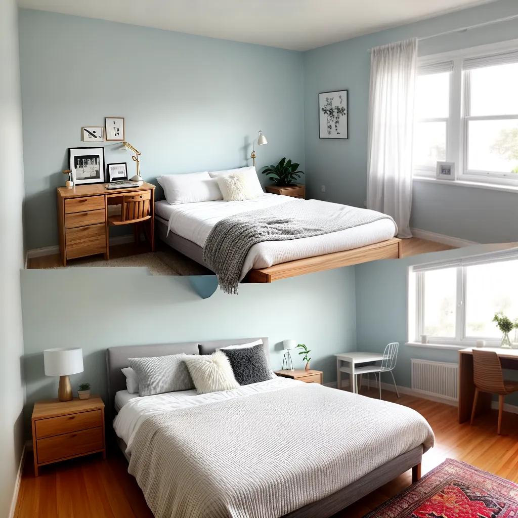 quarto minimalista arvore almofadas coloridas