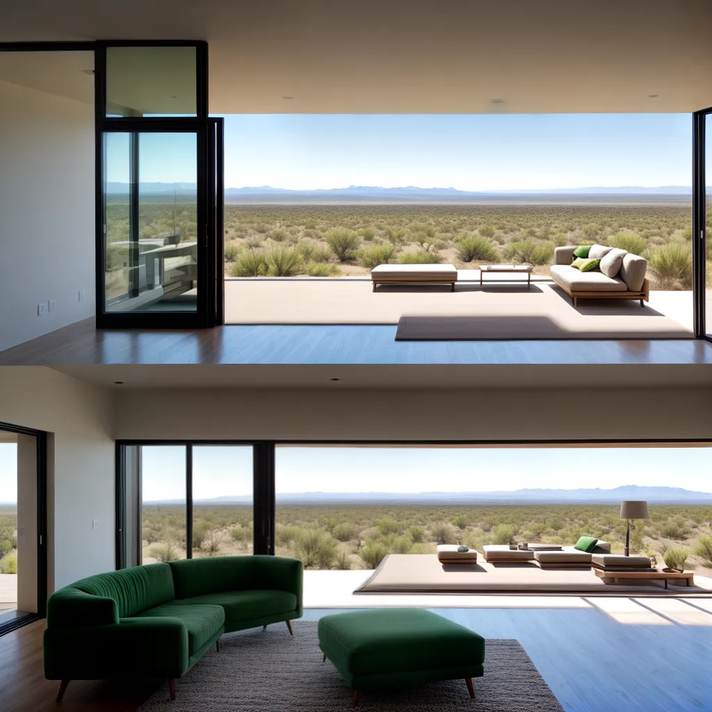 sala minimalista janela deserto mesa cactos