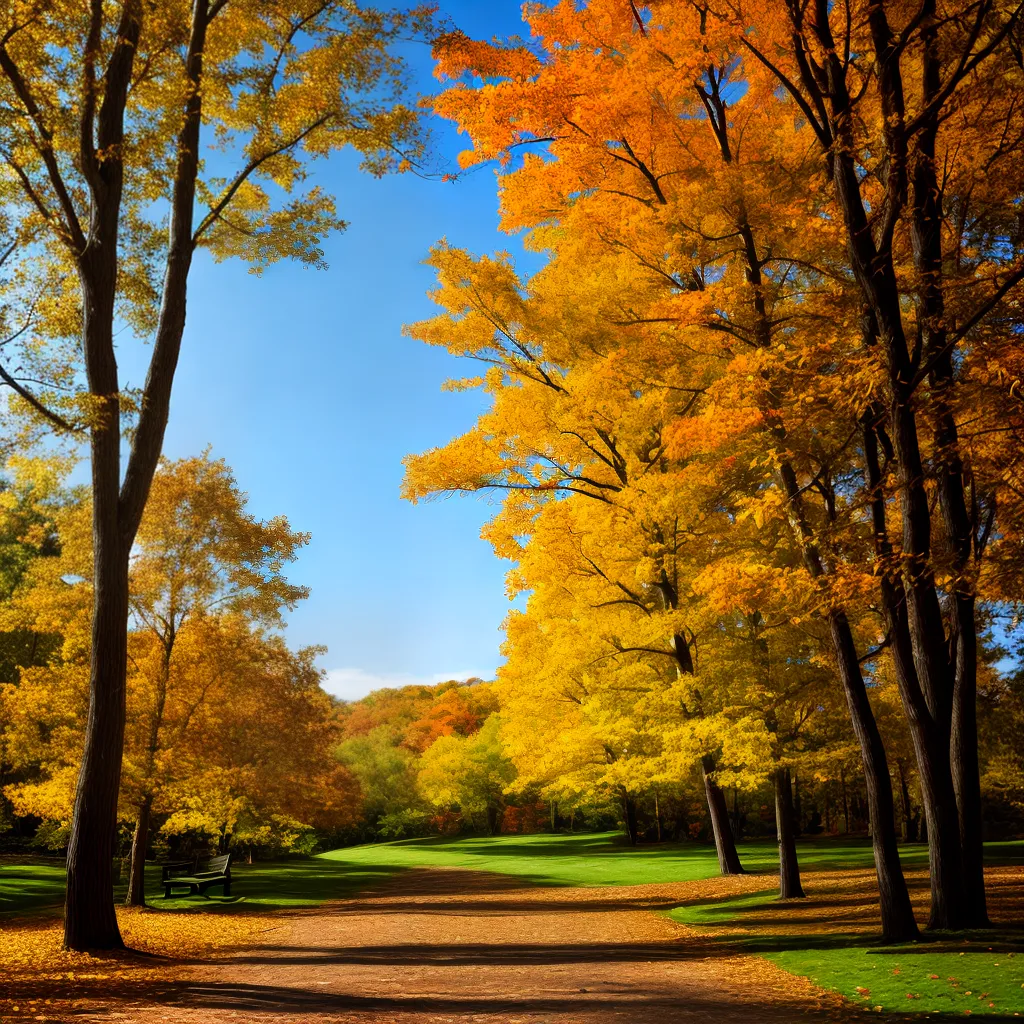 paisagem outono folhas arvores banco