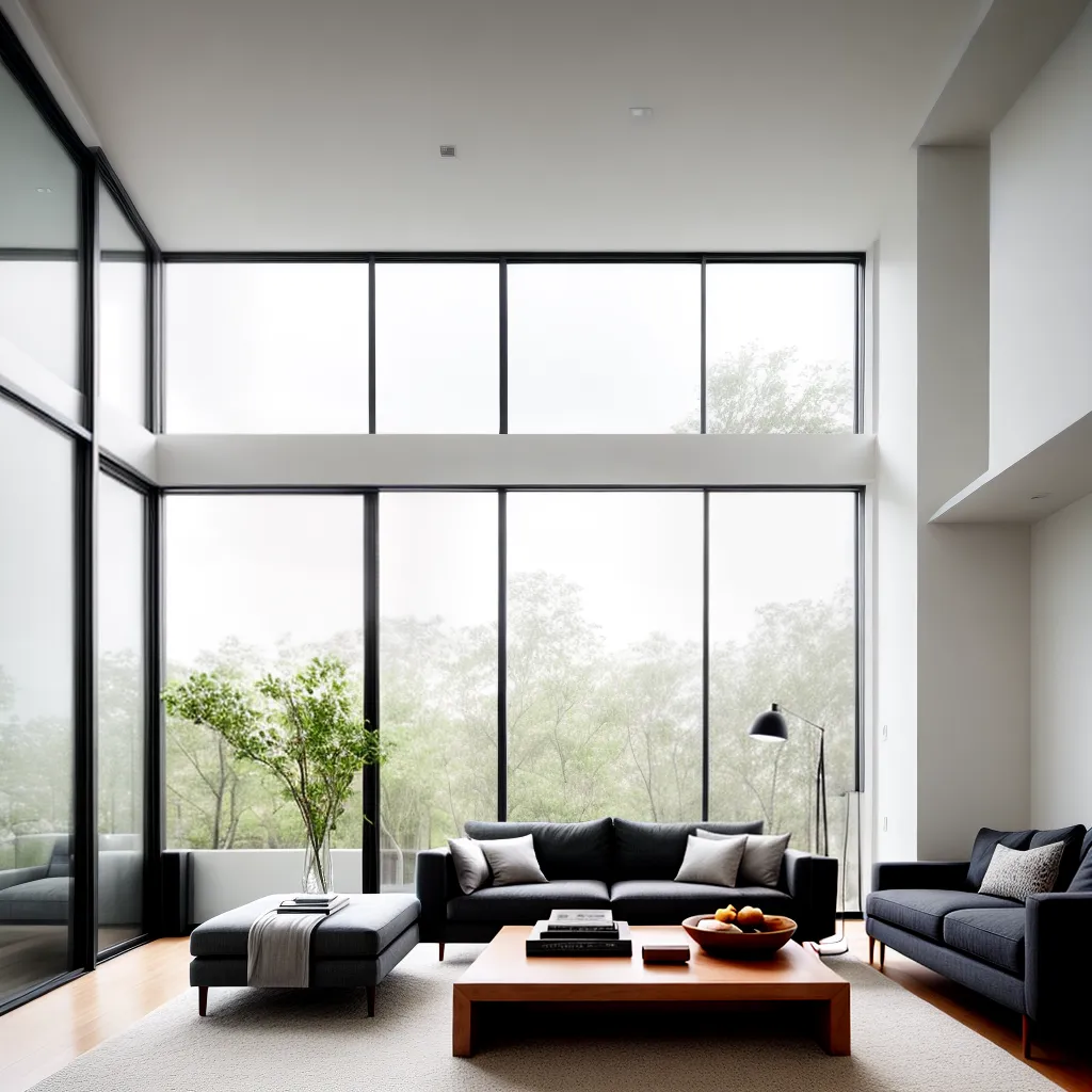 sala minimalista sofa cinza janelas