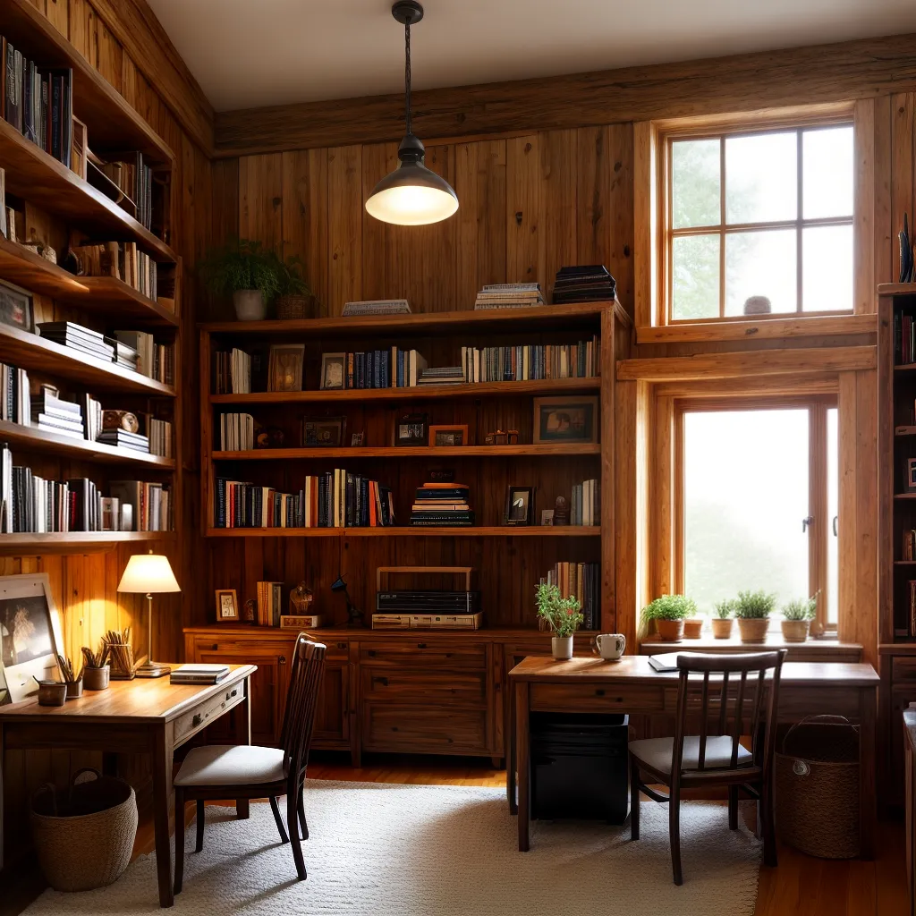 escritorio cabana madeira livros plantas