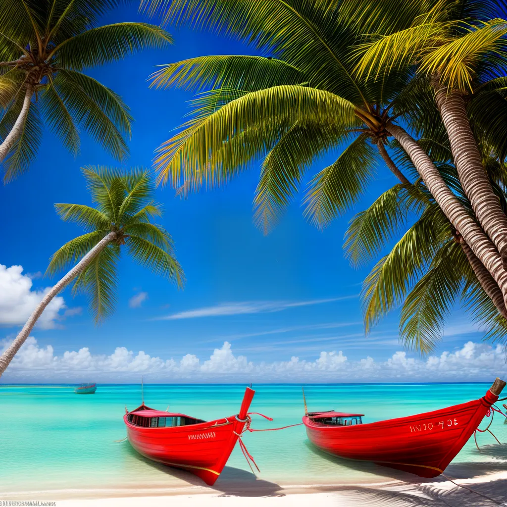 pintura praia tropical palmeiras canoa 1