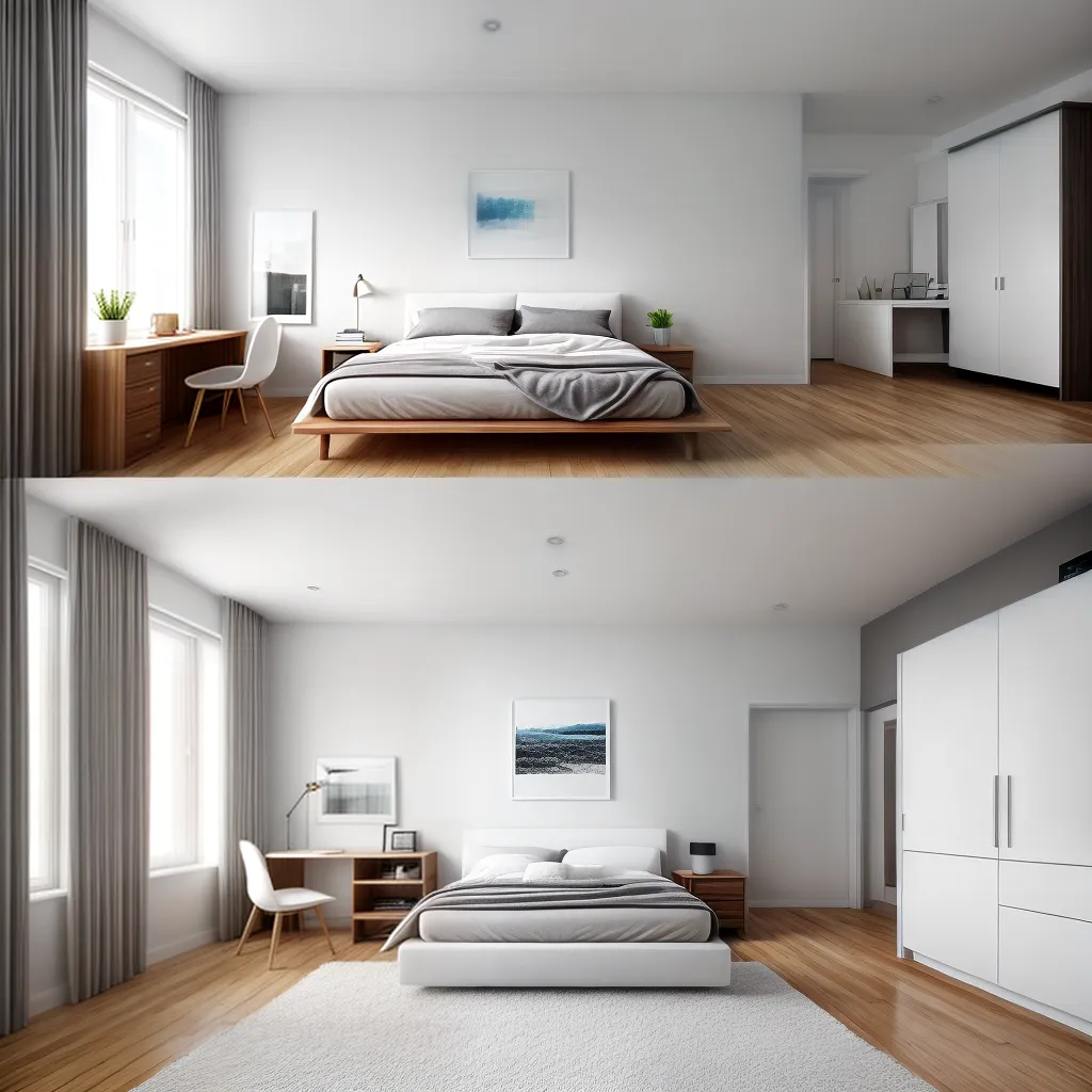 quarto minimalista cama branca mural