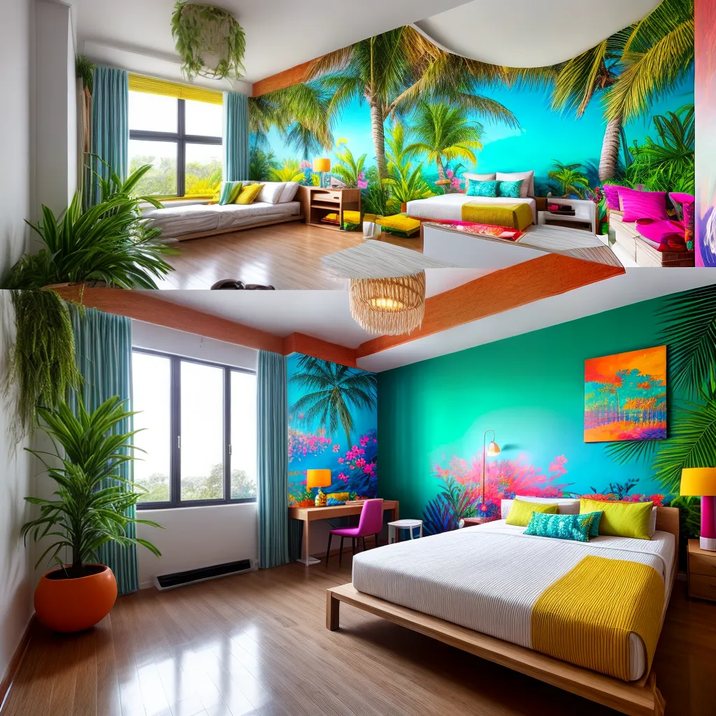 quarto tropical colorido mural hammock