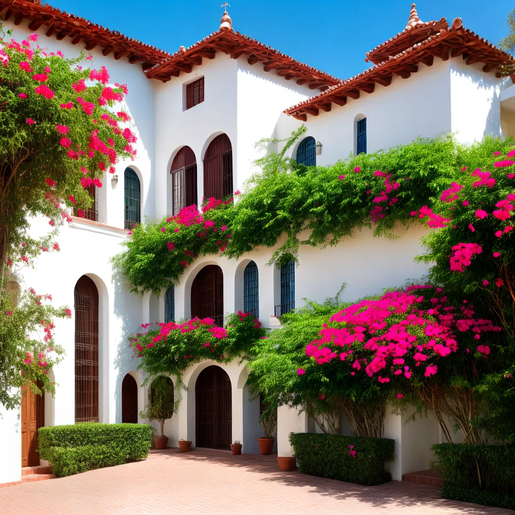 edificio branco telhado terracota janelas arco portas madeira bougainvillea edificio branco telhado terracota janelas arco portas madeira bougainvillea
