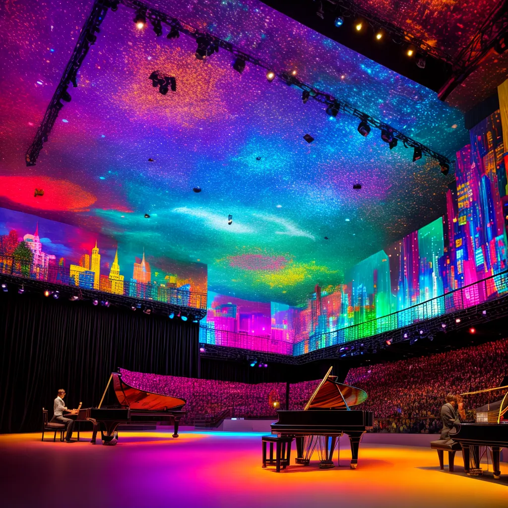palco vibrante luzes coloridas piano mural artistico