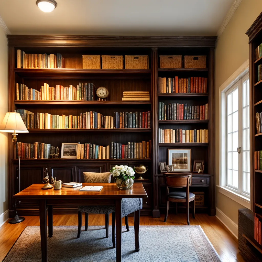escritorio acolhedor madeira livros vintage