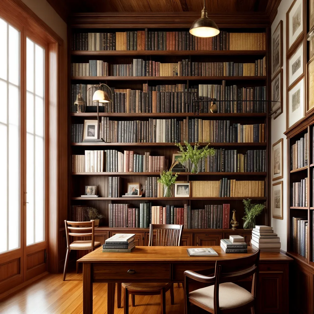 escritorio acolhedor estante livros madeira
