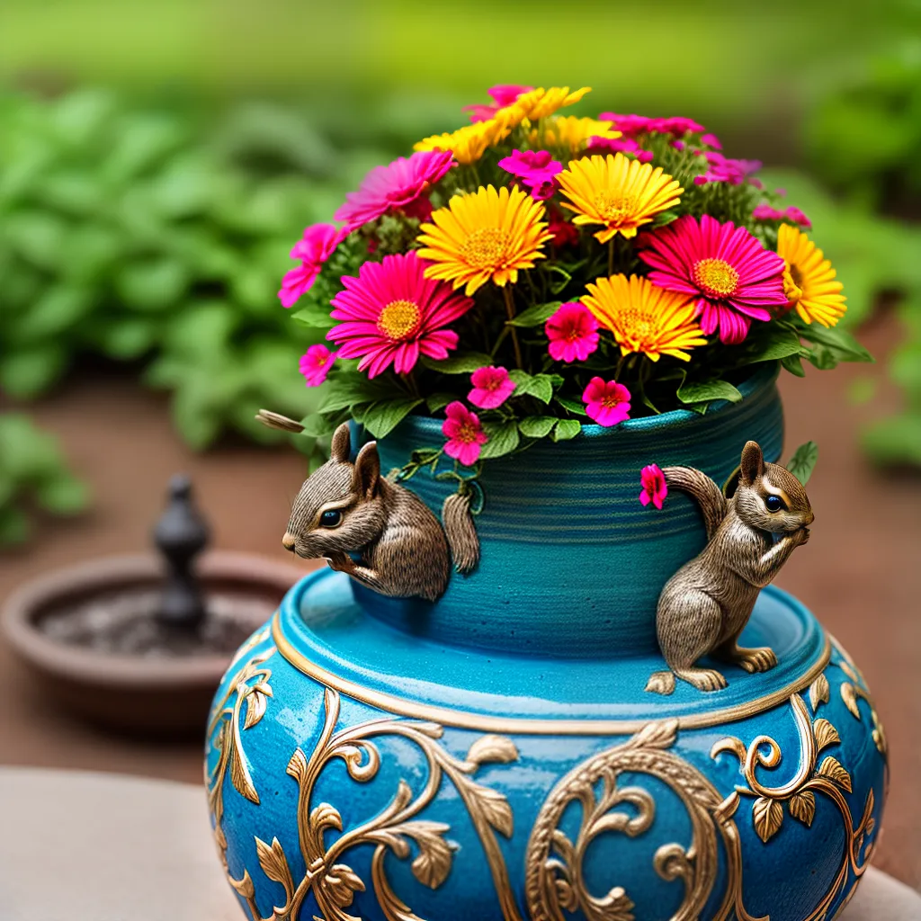 vaso argila artesanal flores esquilo escultura