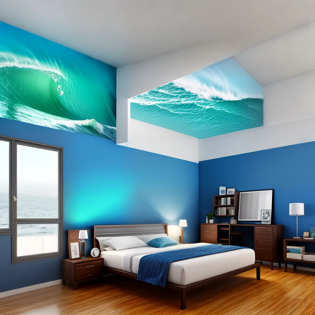 home office oceano parede azul mesa madeira cadeira home office oceano parede azul mesa madeira cadeira