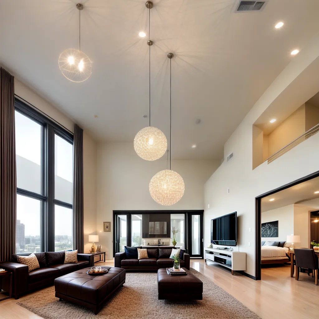sala estar teto alto lustre pendentes