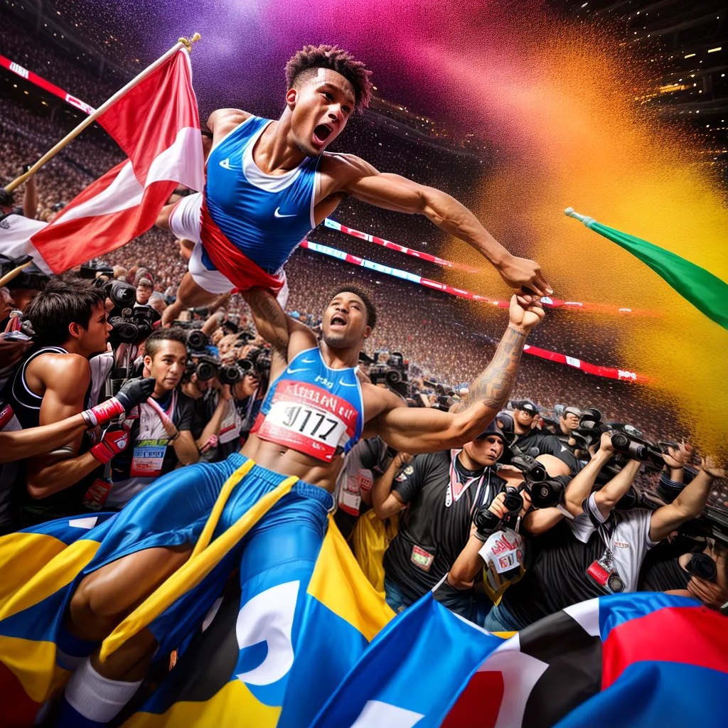 atleta triunfante multidao confete