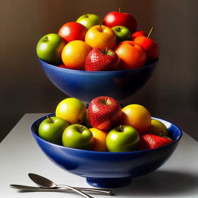 pintura hiperrealista frutas bowl