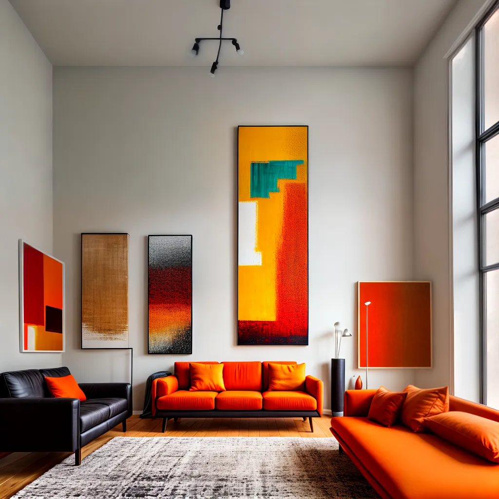sala cores quentes sofa arte abstrata