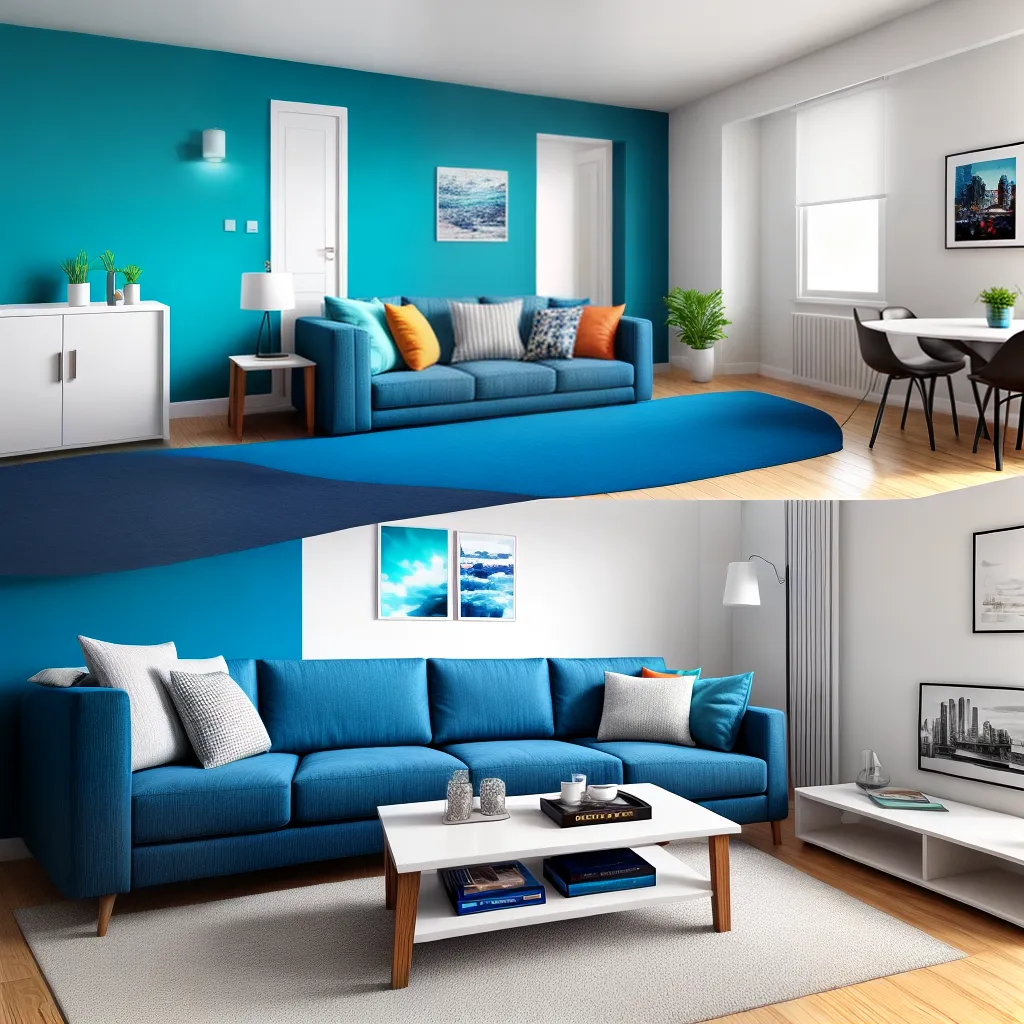 sala vibrante parede azul sofa branco