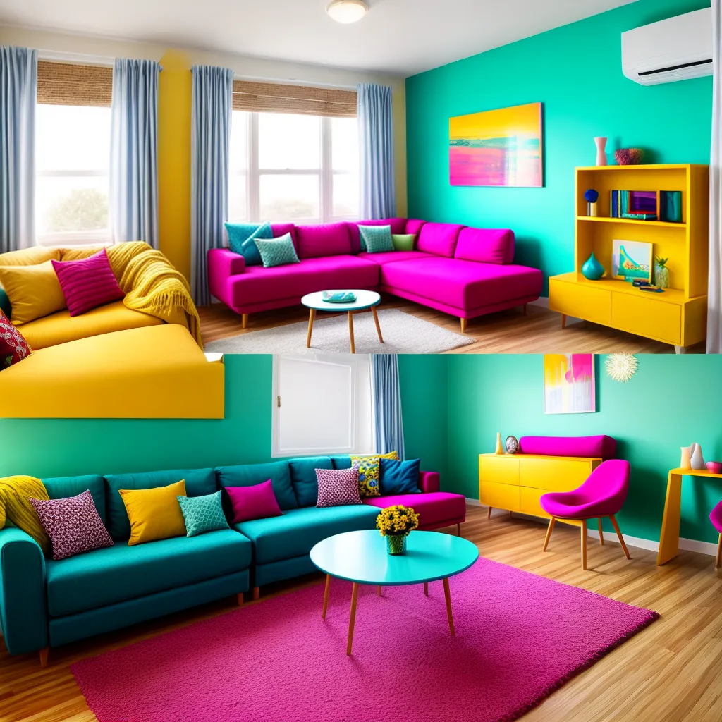 sala vibrante turquesa amarelo fucsia