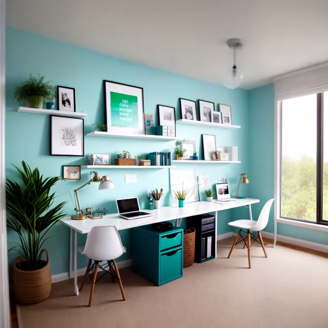 escritorio organizado branco azul verde