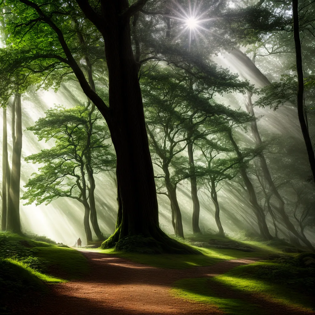 floresta mistica raios sol caminho criatura