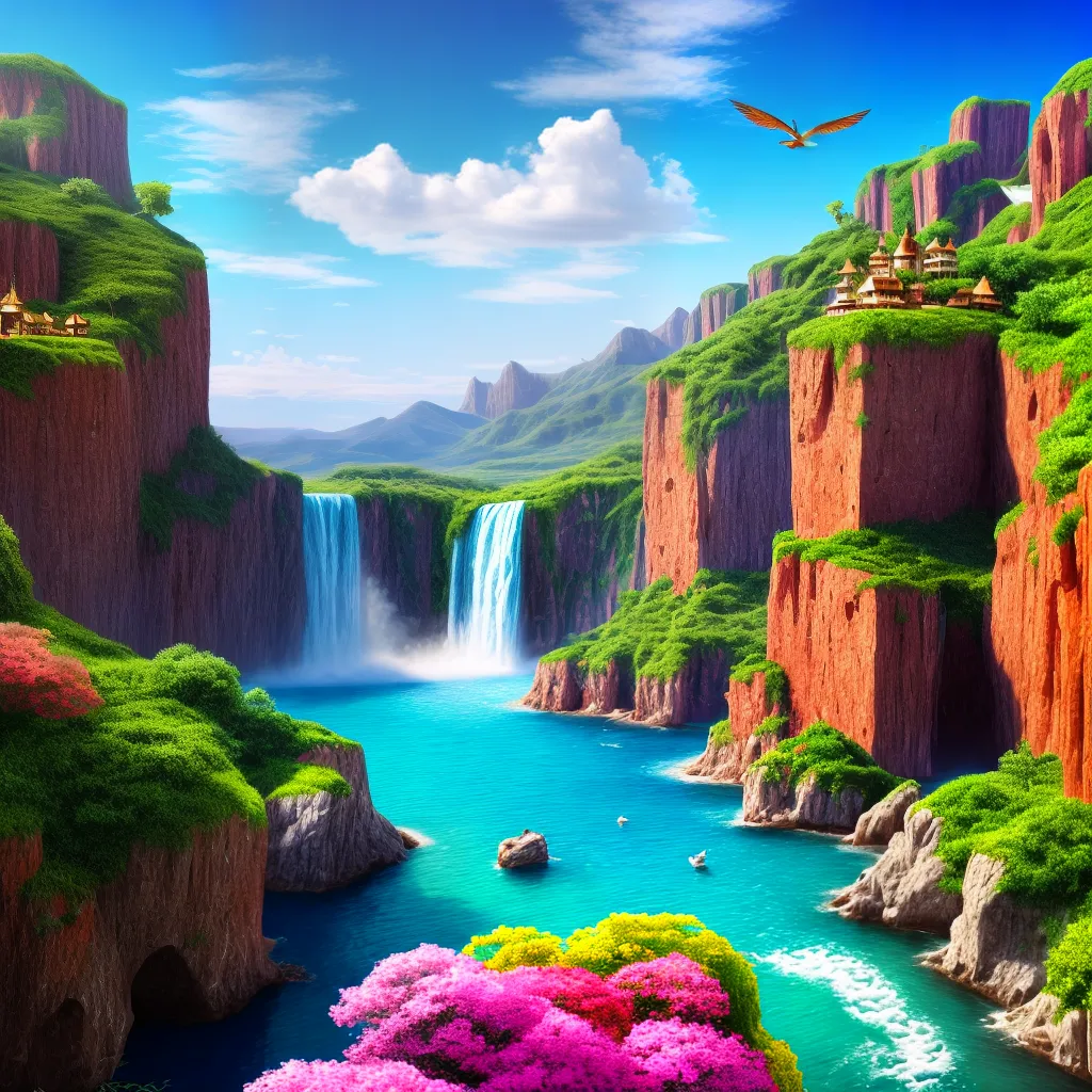 pintura paisagem cascata passaros ilhas
