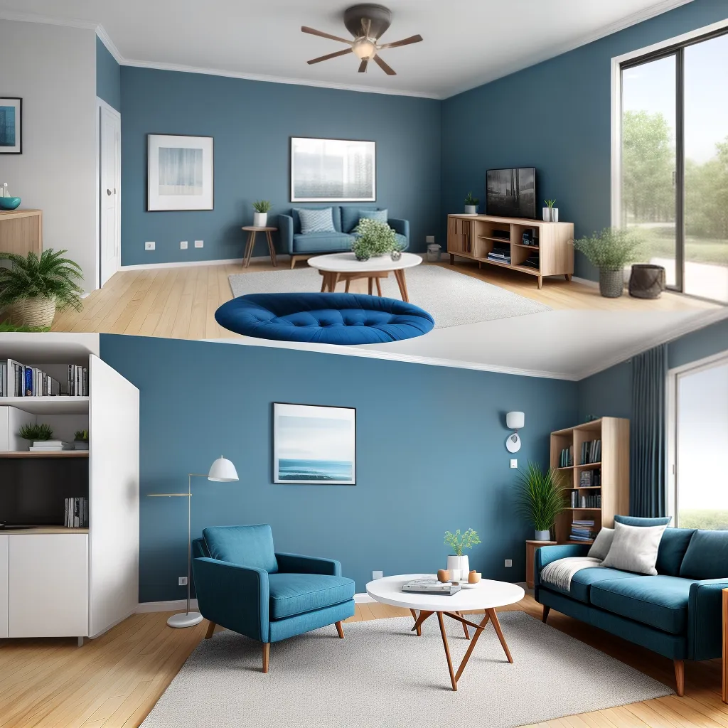 sala minimalista paleta neutra cadeira azul