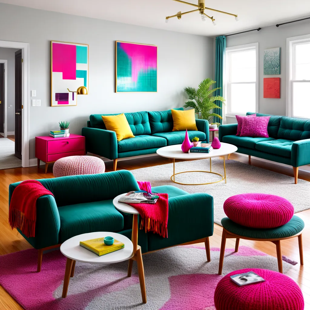 sala vibrante sofa teal parede amarela
