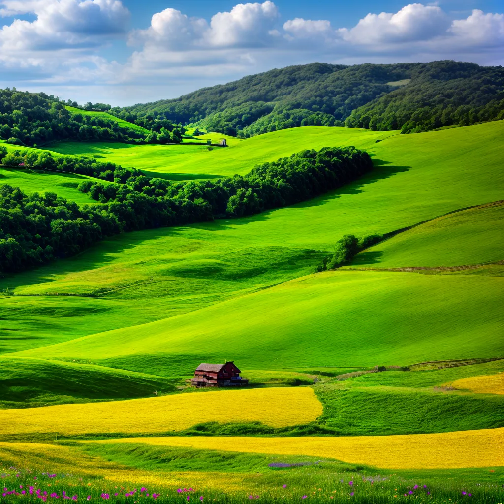 colinas verdes flores selvagens cerca fazenda colinas verdes flores selvagens cerca fazenda