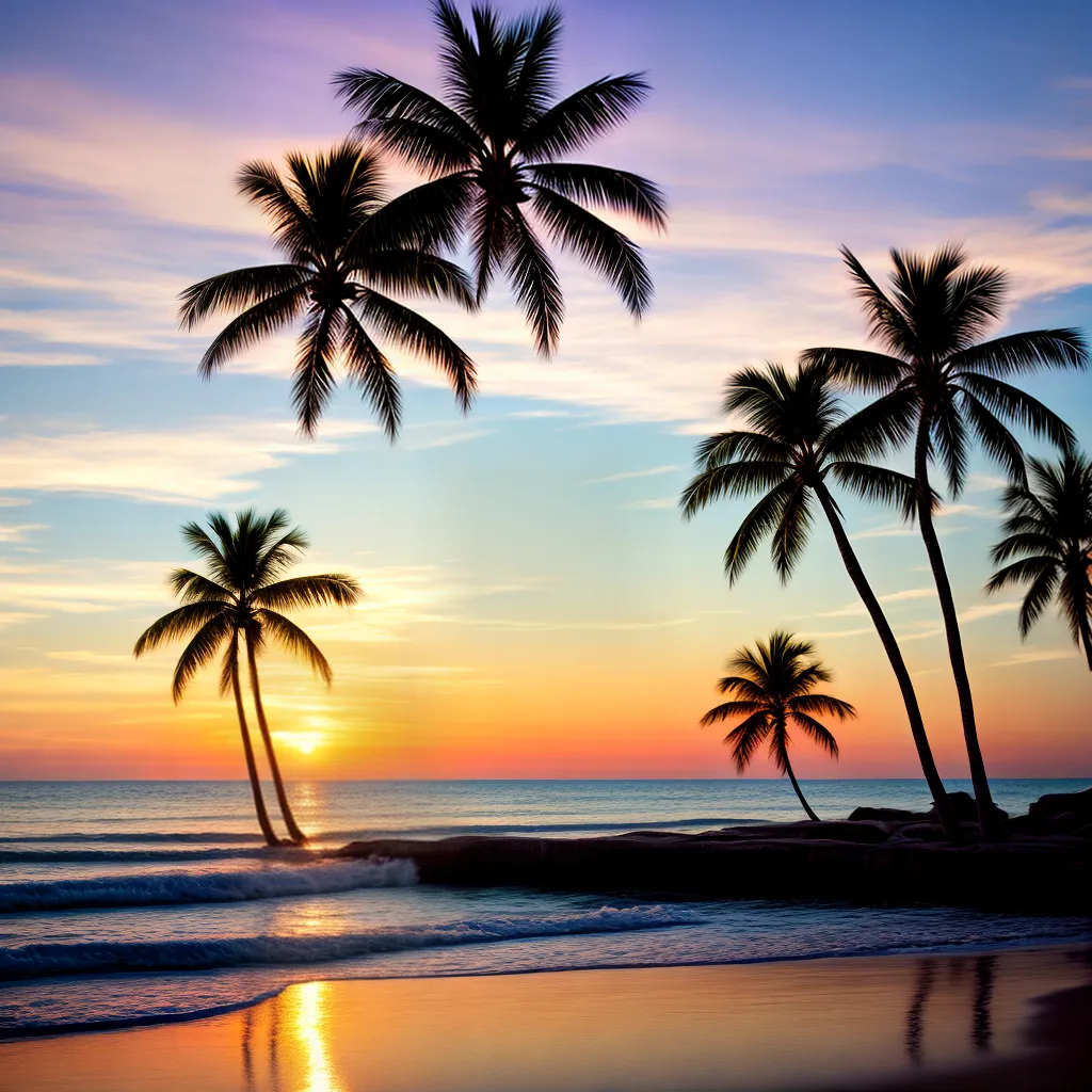praia por do sol calmia palmeiras