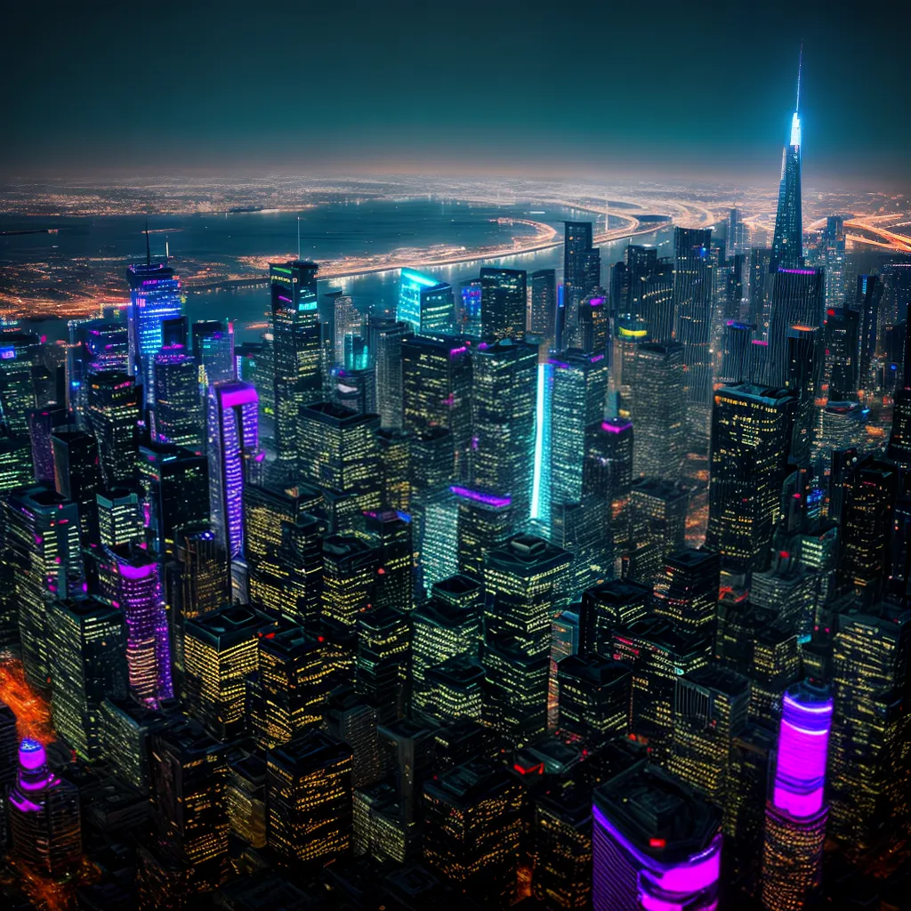 cidade cyberpunk noturna neon futurista