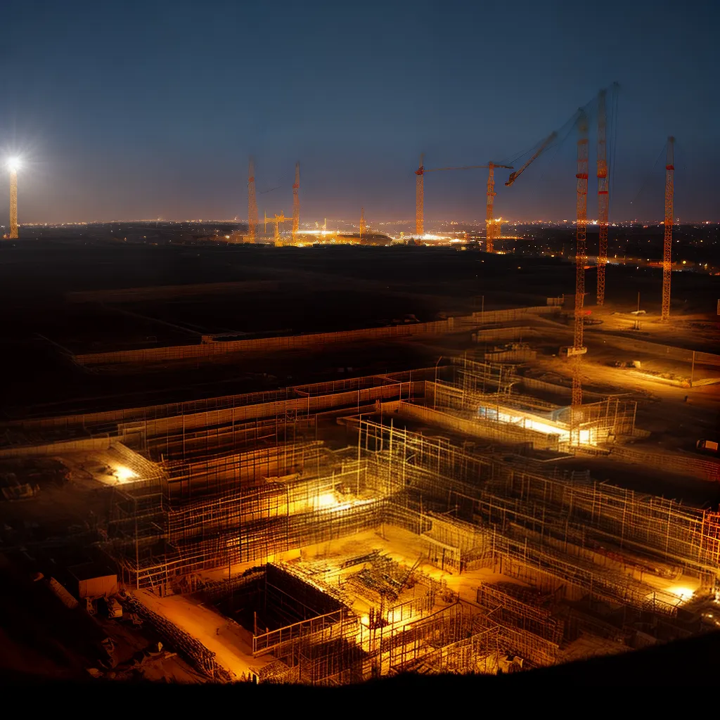 obra noturna iluminada sombras trabalhadores