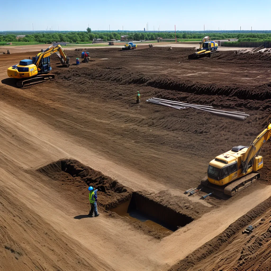 obra drenagem trabalhadores tubos construcao obra drenagem trabalhadores tubos construcao