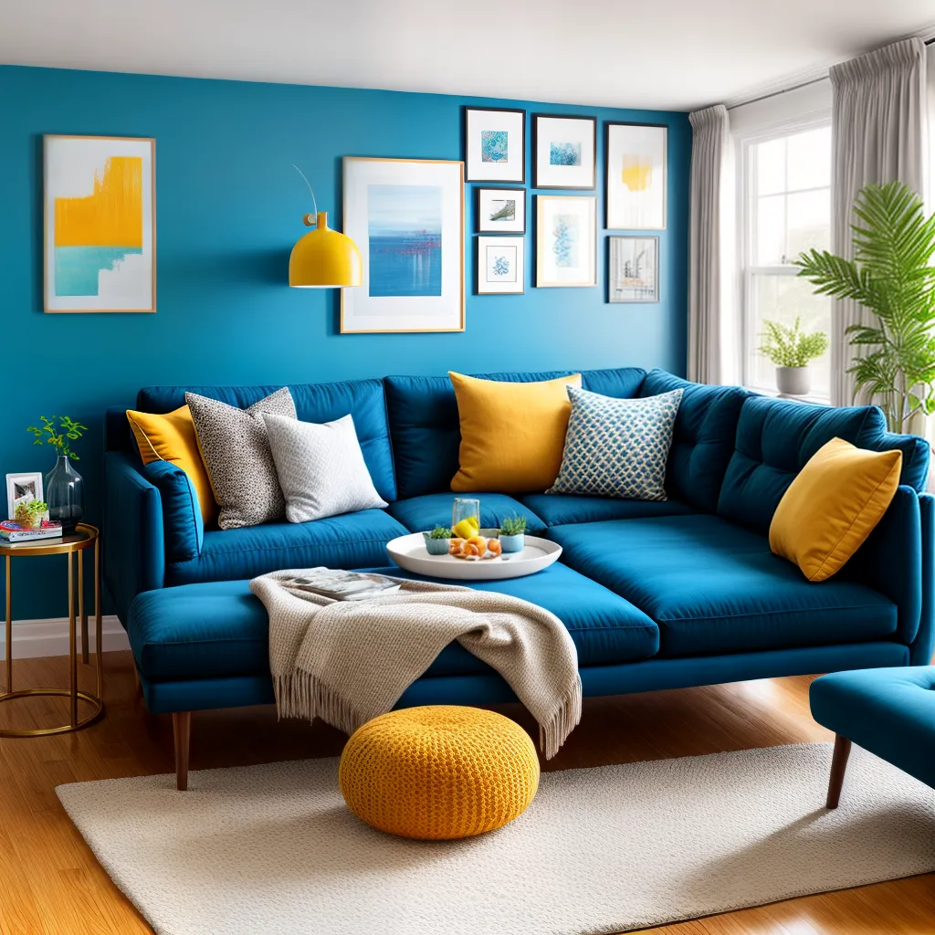 sala decorada sofa azul amarelo